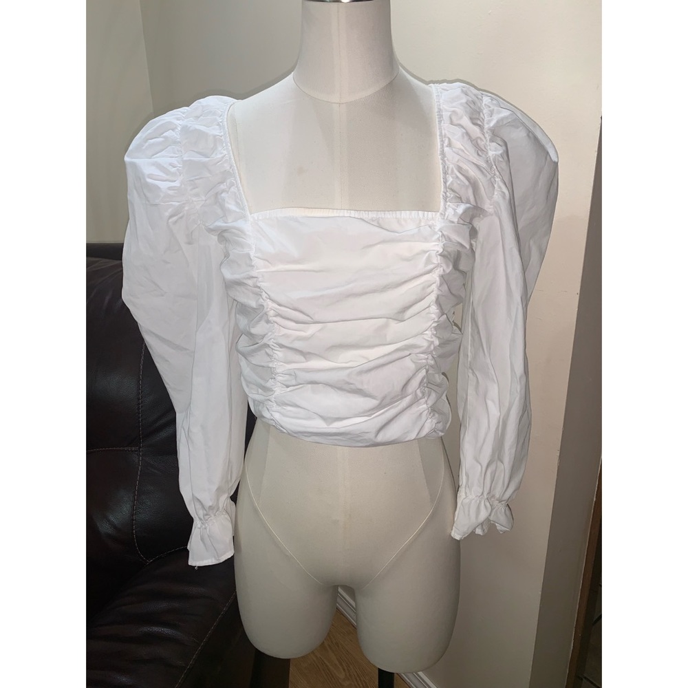 Zara White Puff Ruched Crop Blouse